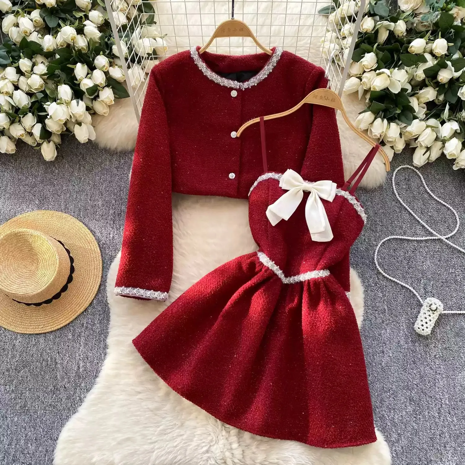 Bow Corduroy Slip Dress & Cardigan 2Pcs