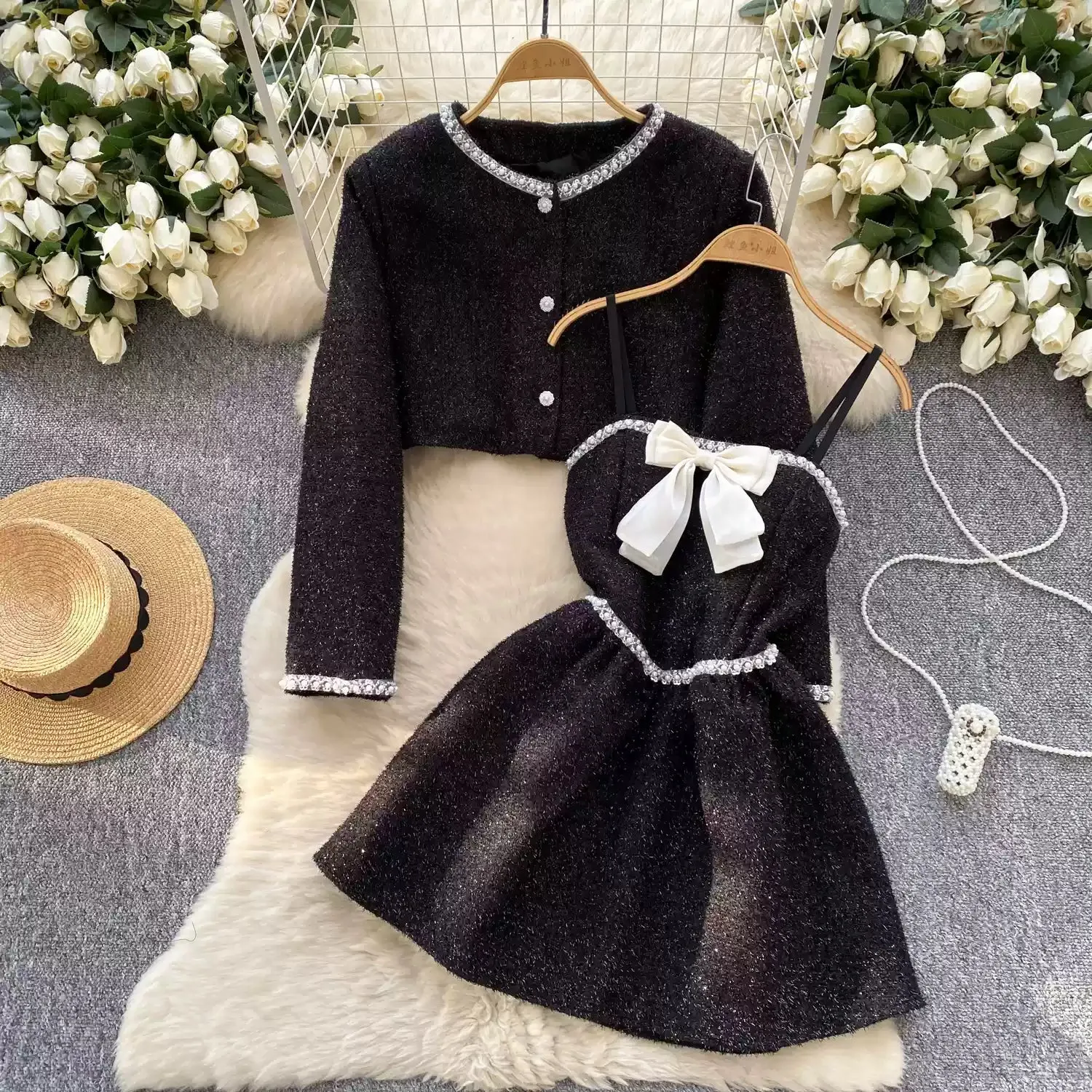 Bow Corduroy Slip Dress & Cardigan 2Pcs