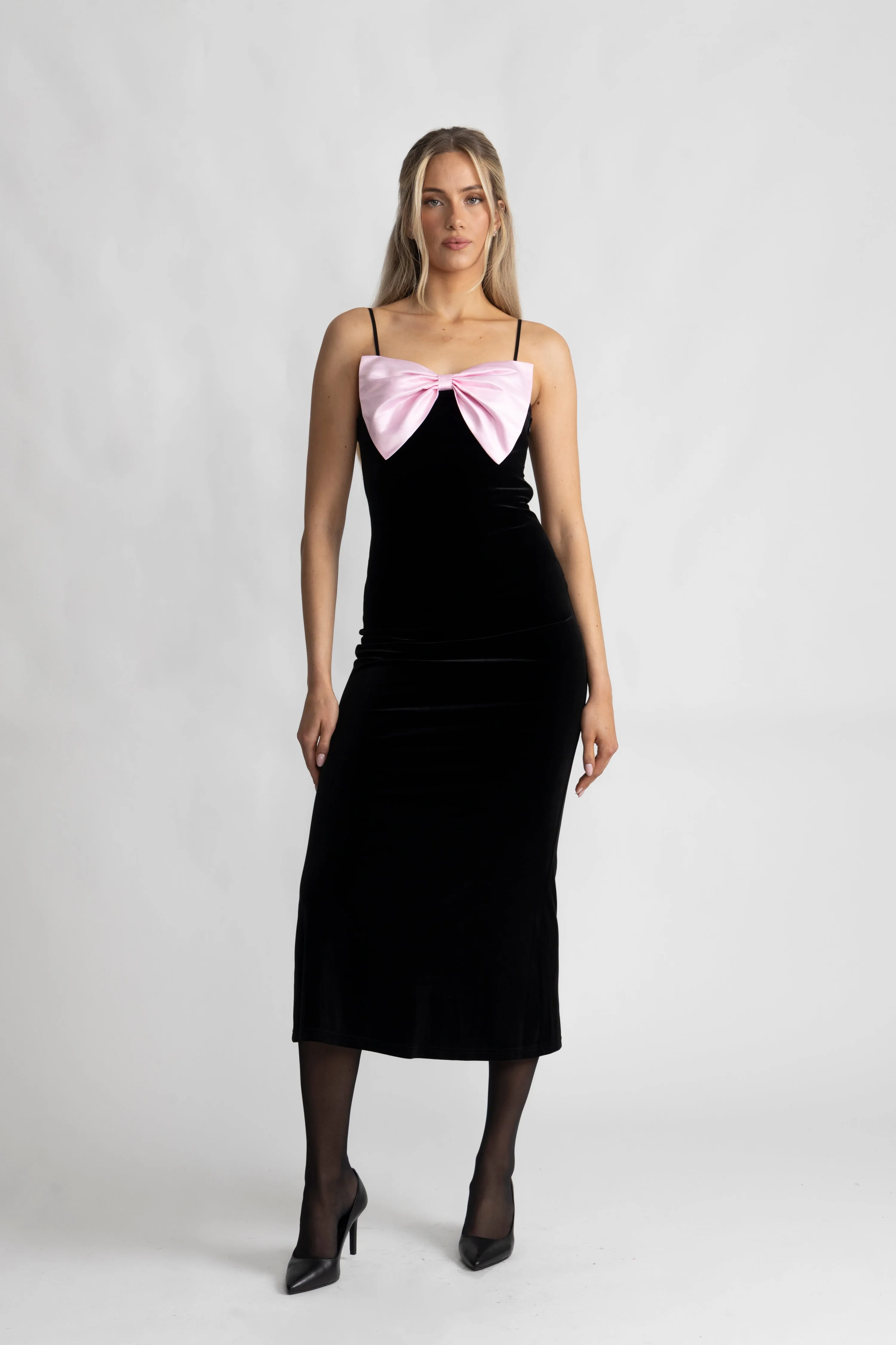 Bow-Down Velvet Slip Dress - Black