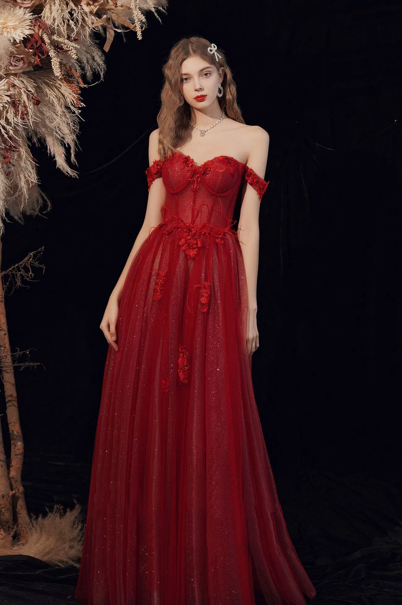 Burgundy Off the Shoulder Lace Floor Length Prom Dress with Corset