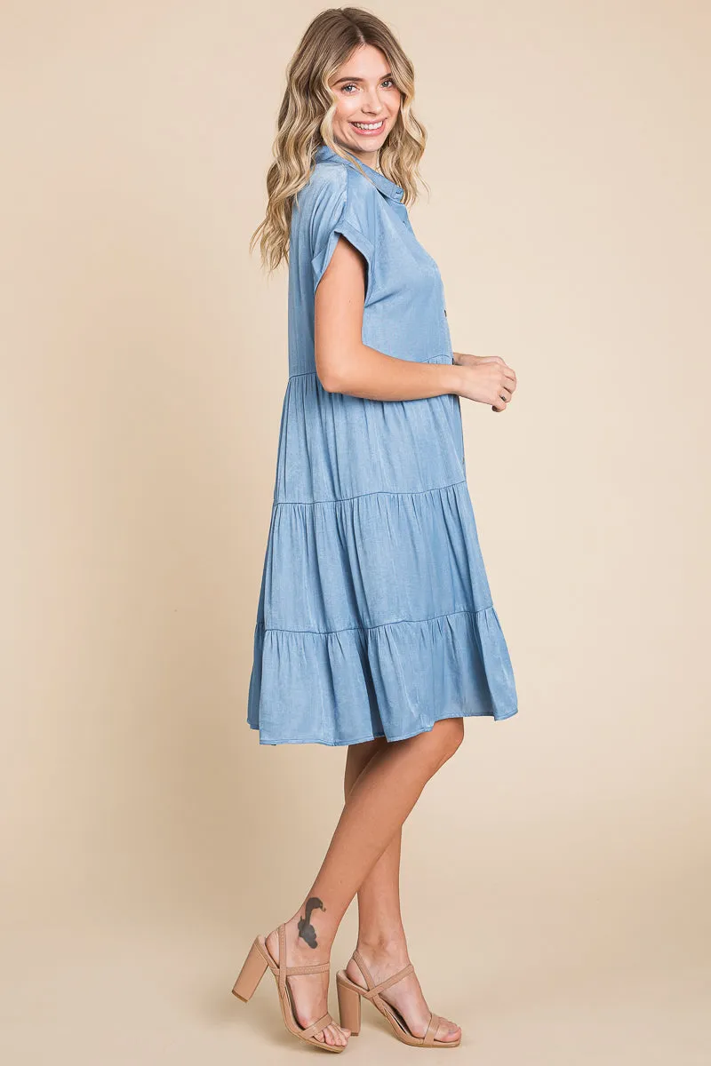 Chambray Button Down Collared Tiered Shirt Dress