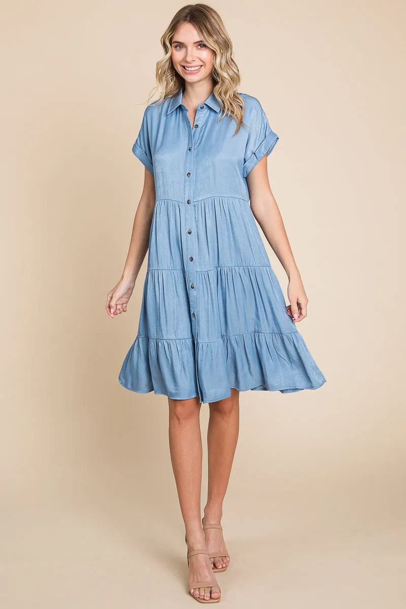 Chambray Button Down Collared Tiered Shirt Dress