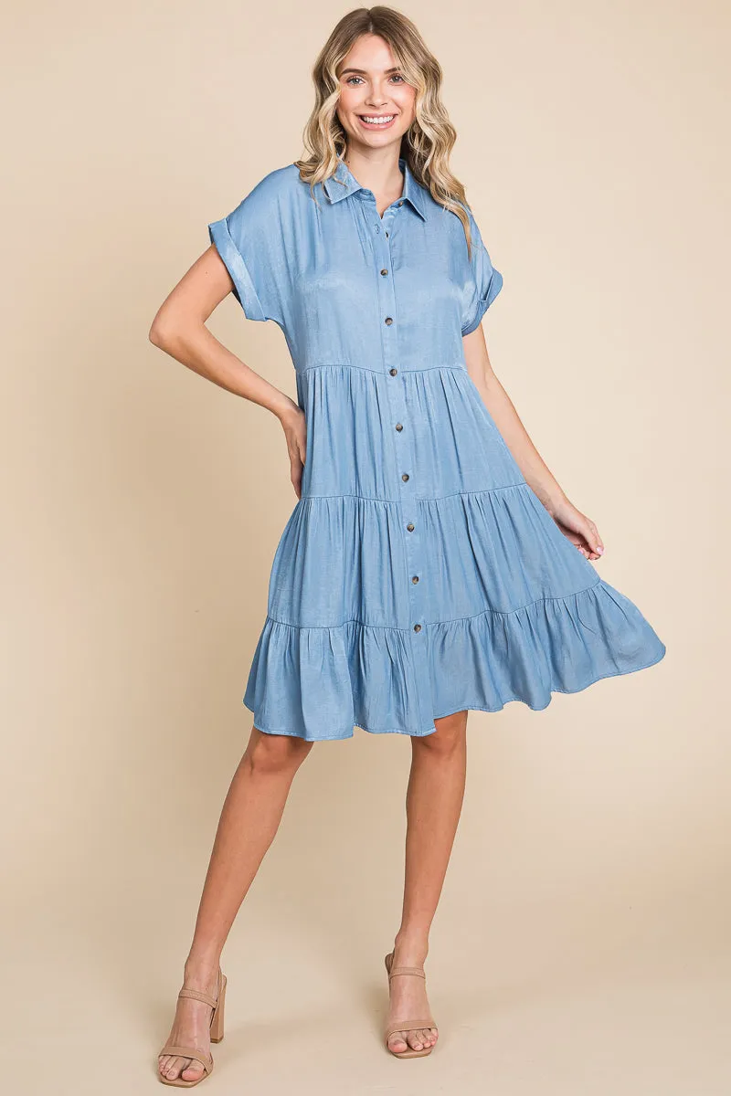 Chambray Button Down Collared Tiered Shirt Dress