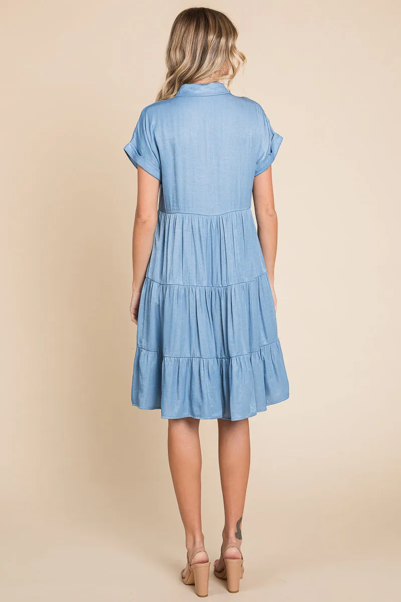 Chambray Button Down Collared Tiered Shirt Dress