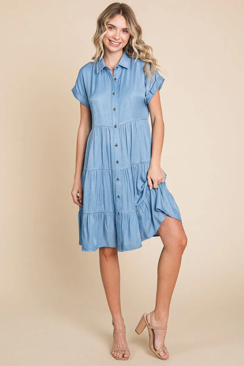 Chambray Button Down Collared Tiered Shirt Dress