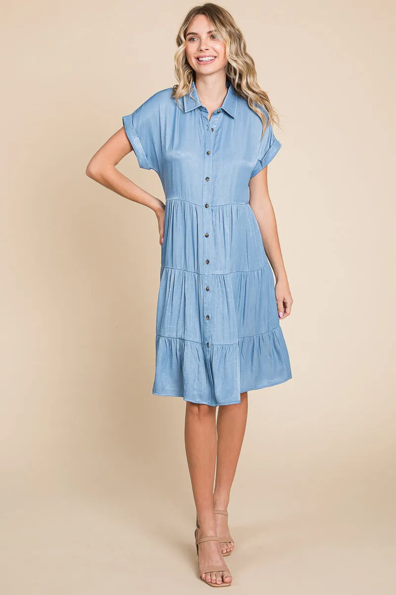 Chambray Button Down Collared Tiered Shirt Dress