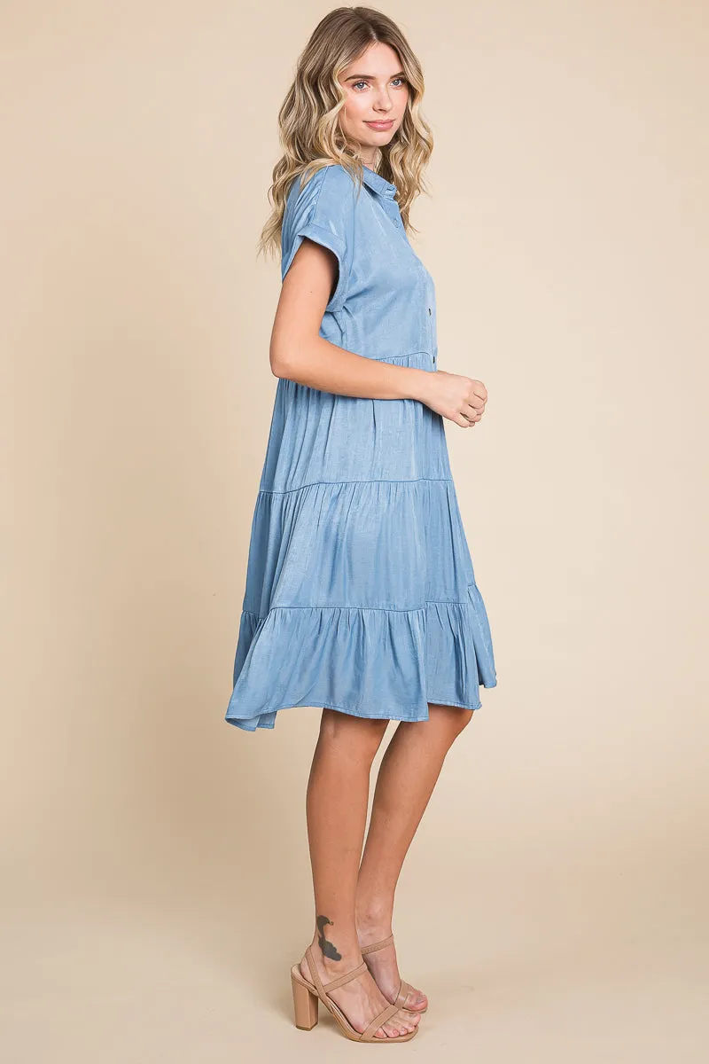 Chambray Button Down Collared Tiered Shirt Dress