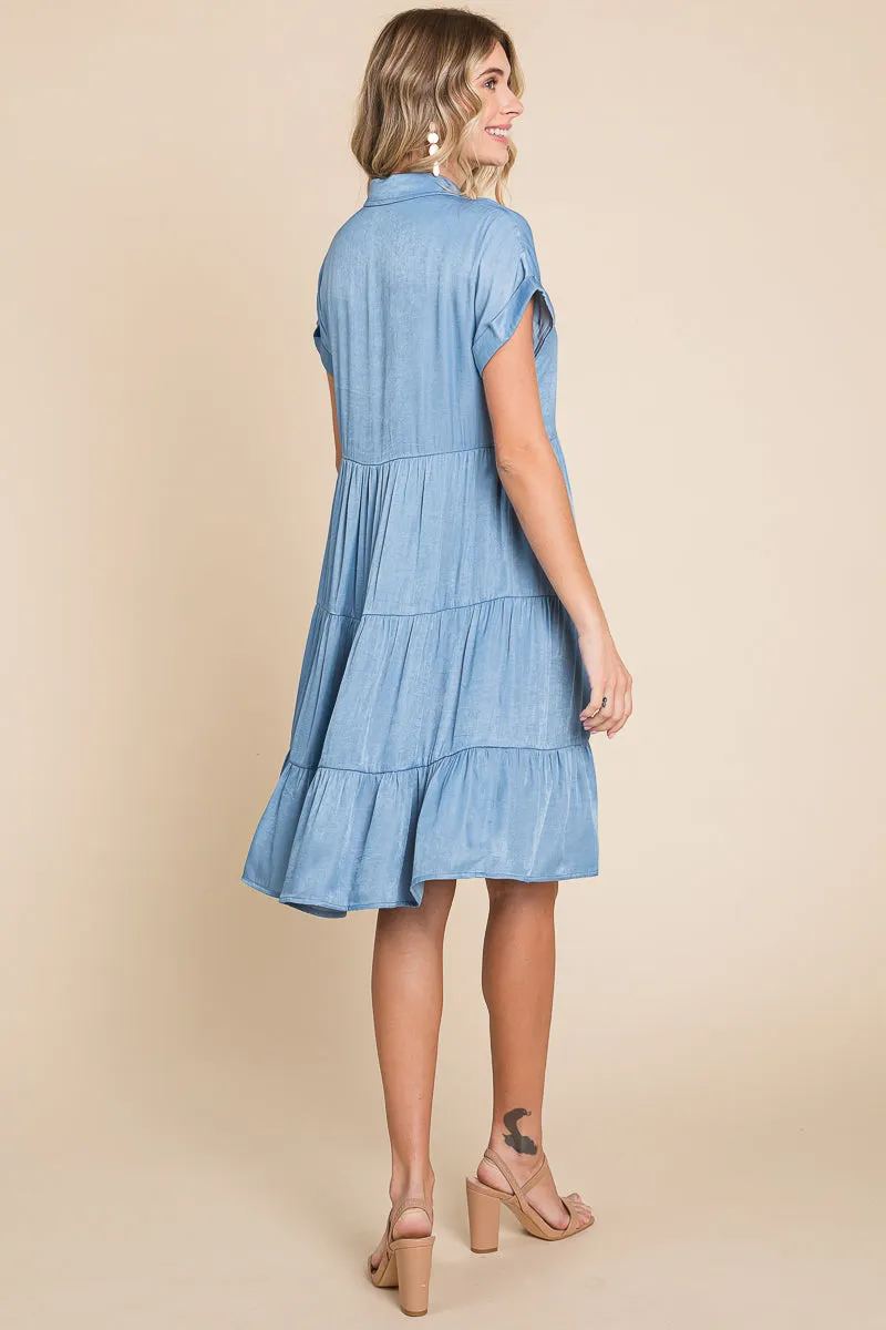 Chambray Button Down Collared Tiered Shirt Dress