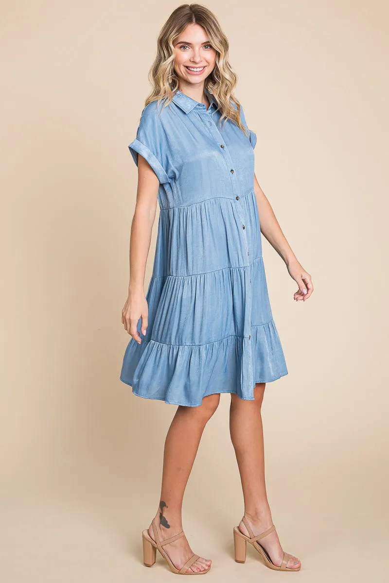 Chambray Button Down Collared Tiered Shirt Dress