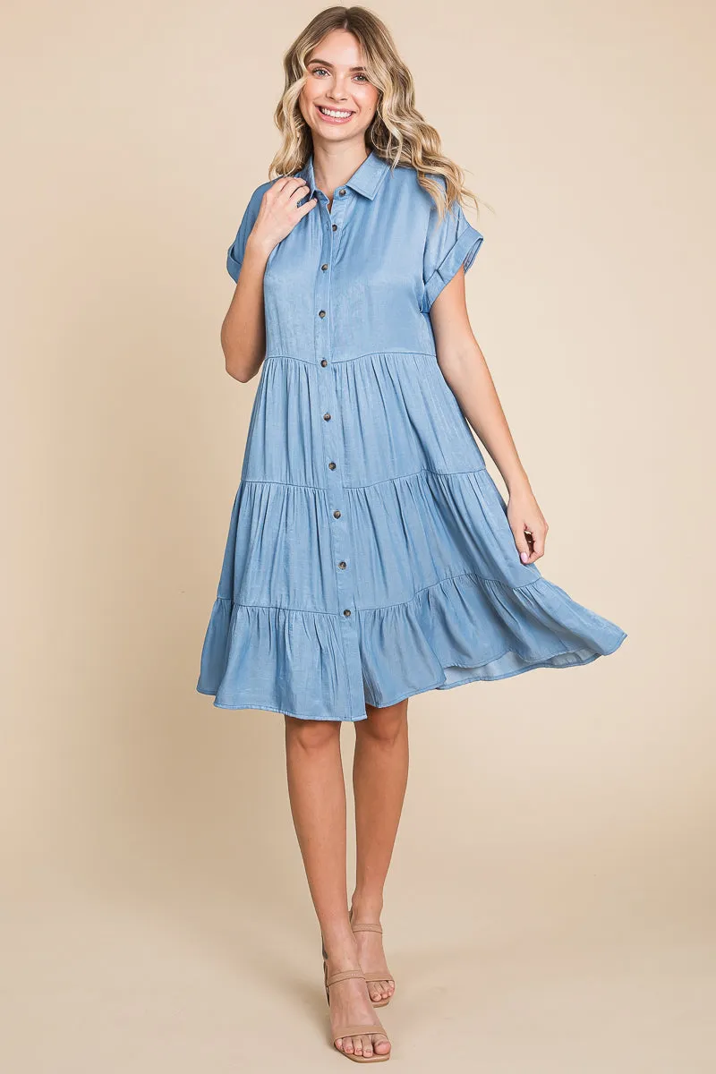 Chambray Button Down Collared Tiered Shirt Dress