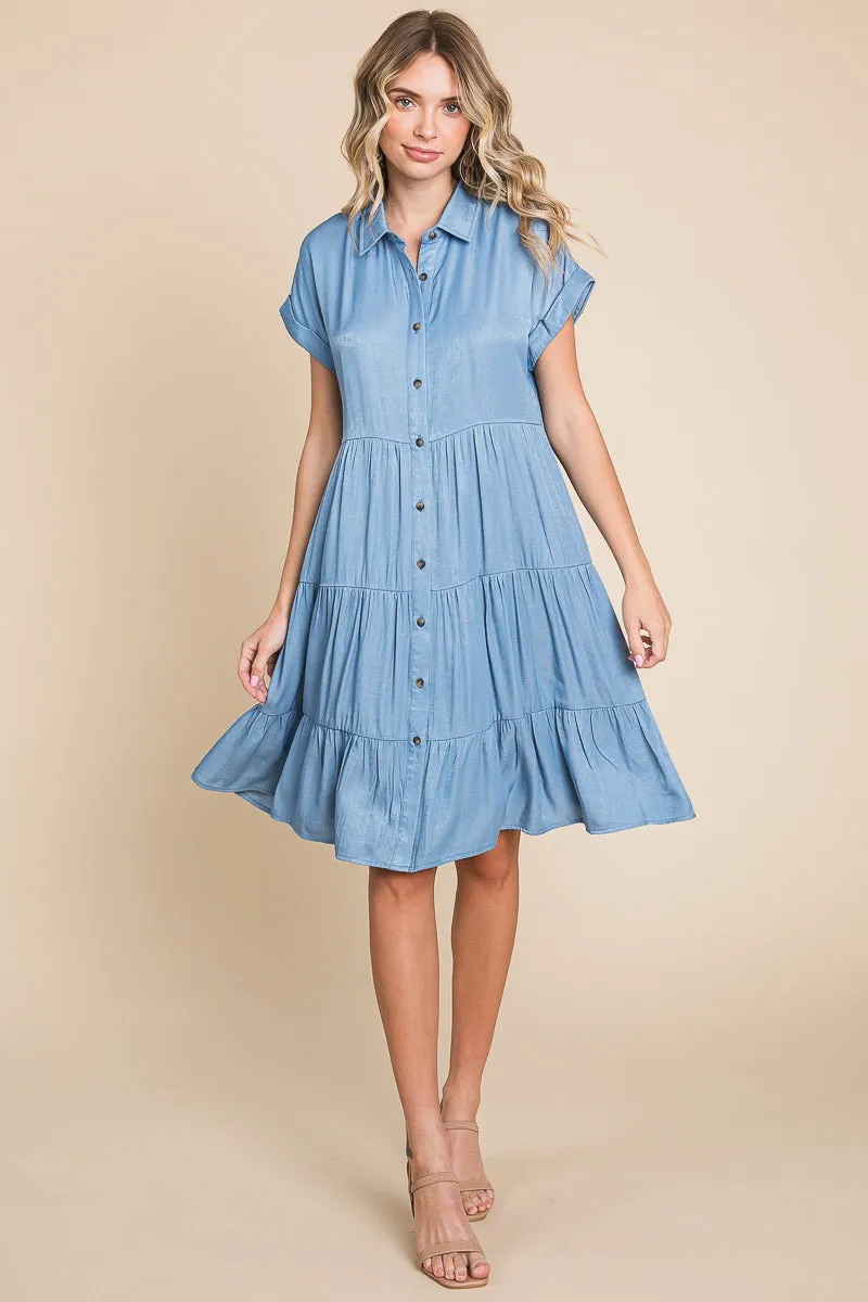 Chambray Button Down Collared Tiered Shirt Dress