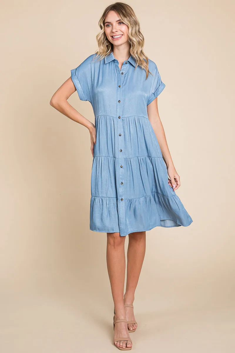 Chambray Button Down Collared Tiered Shirt Dress