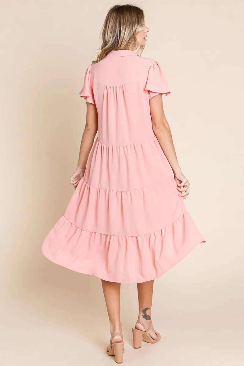 Collared V Neck Tiered Babydoll Midi Dress