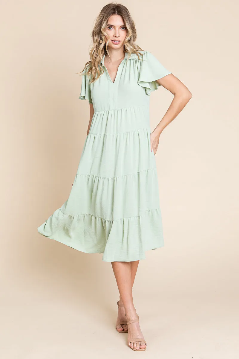 Collared V Neck Tiered Babydoll Midi Dress