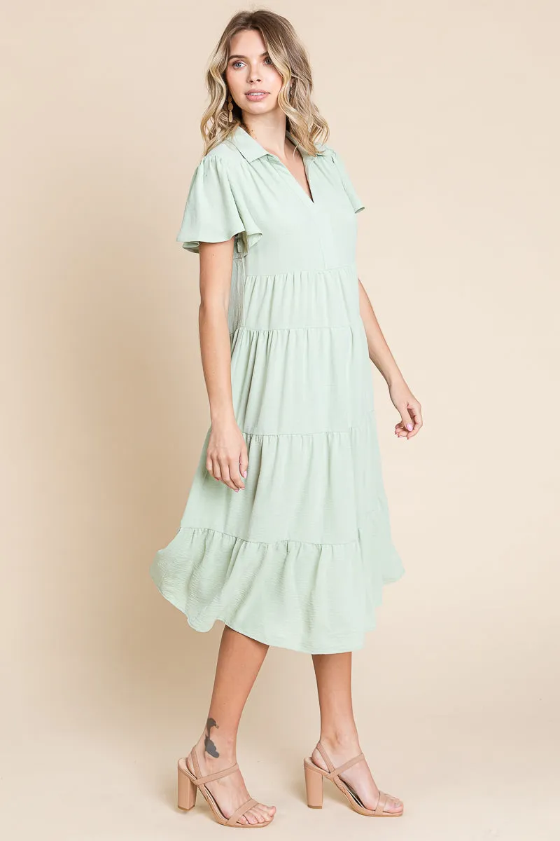 Collared V Neck Tiered Babydoll Midi Dress