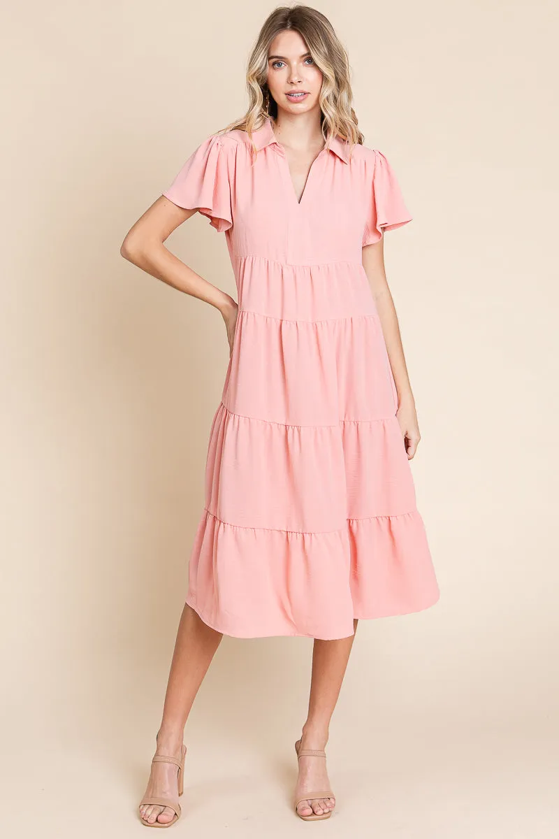 Collared V Neck Tiered Babydoll Midi Dress