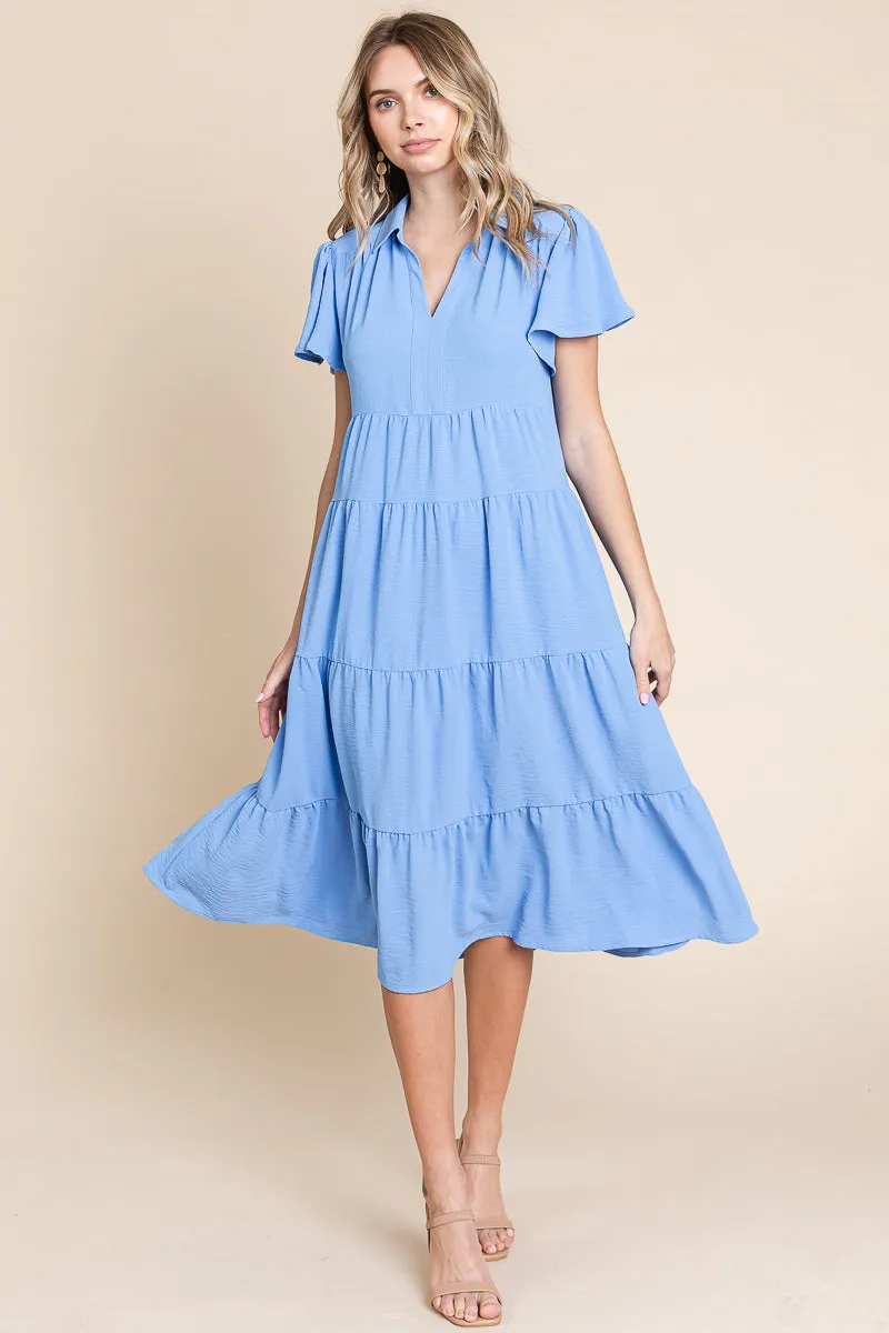 Collared V Neck Tiered Babydoll Midi Dress