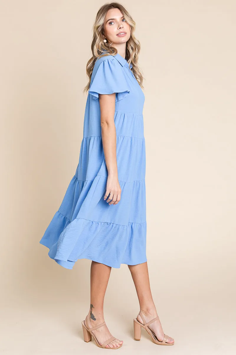 Collared V Neck Tiered Babydoll Midi Dress