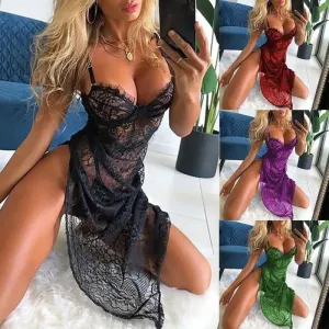 Contrast Lace Ruffle Trim Lingerie Set, Deep V Slip Dress & Thong, Women's Sexy Lingerie & Underwear Porn Sexy Pajamas