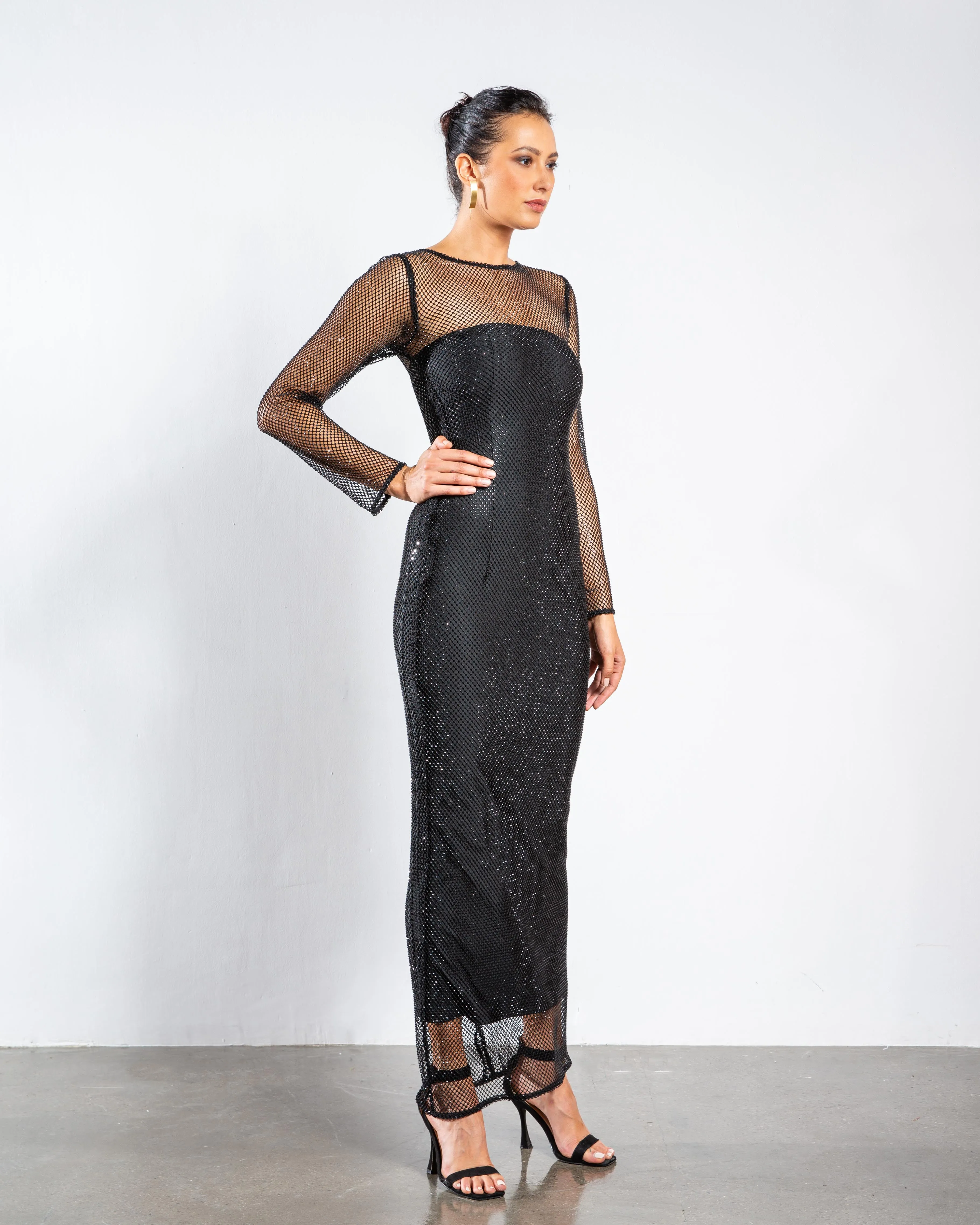 Crystal Embellished Long-Sleeved Maxi Dress