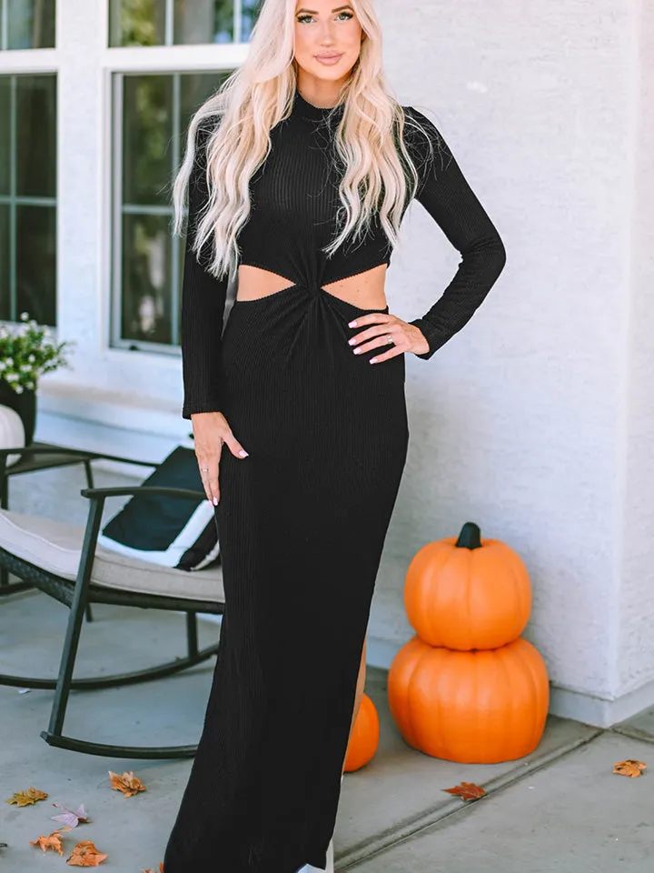 Cutout Long Sleeve Slit Maxi Dress