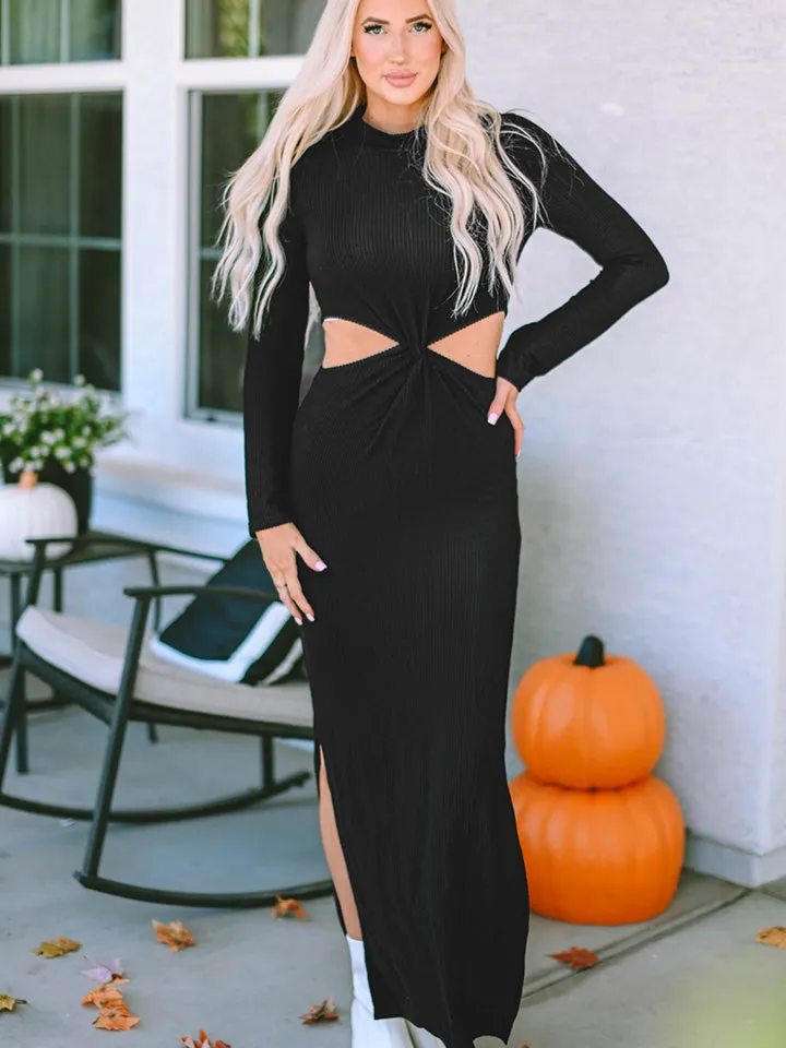 Cutout Long Sleeve Slit Maxi Dress