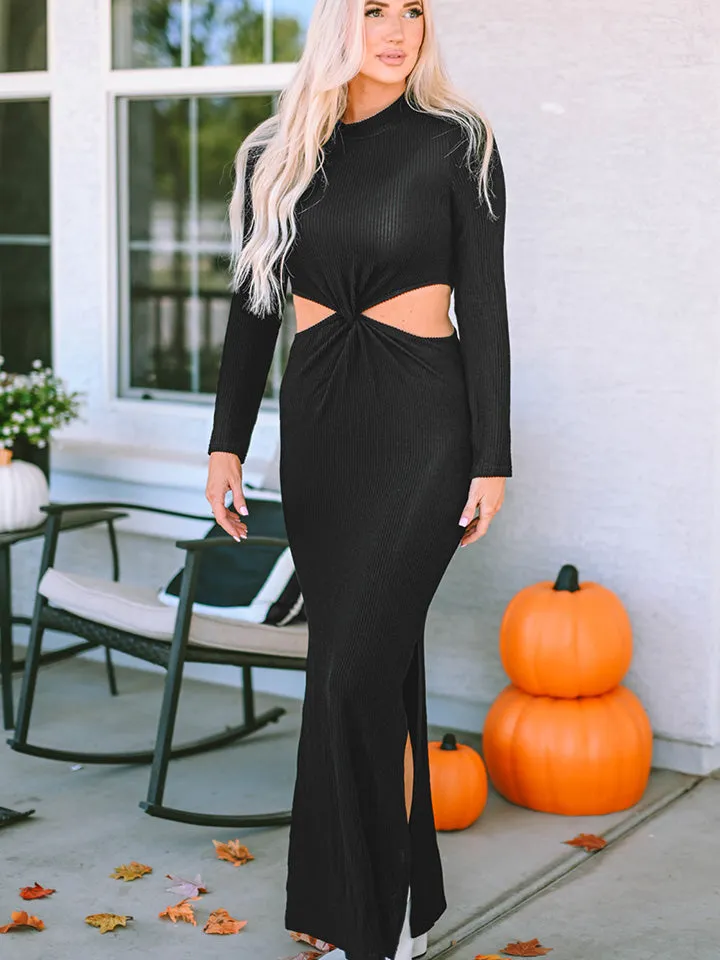 Cutout Long Sleeve Slit Maxi Dress