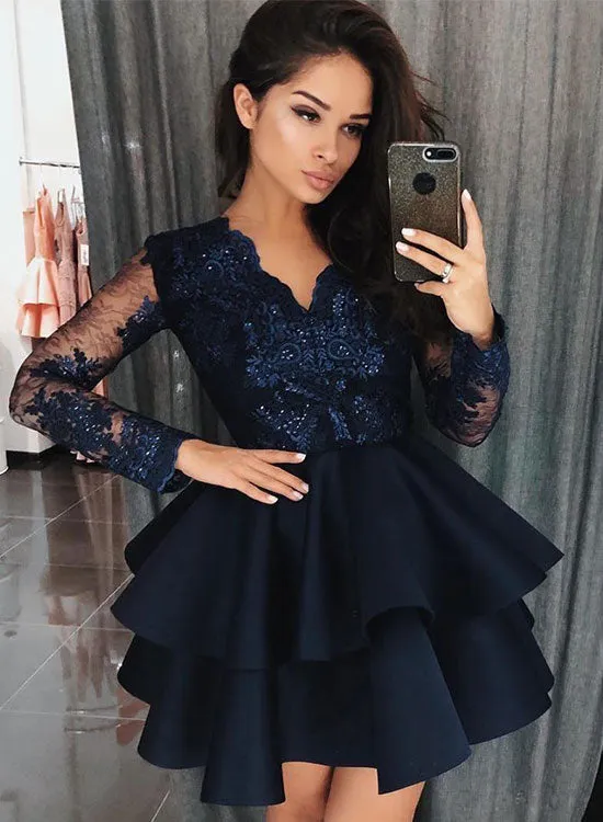 Dark Blue Lace Long Sleeve Prom Dress, Cute V-Neck Short Party Dress