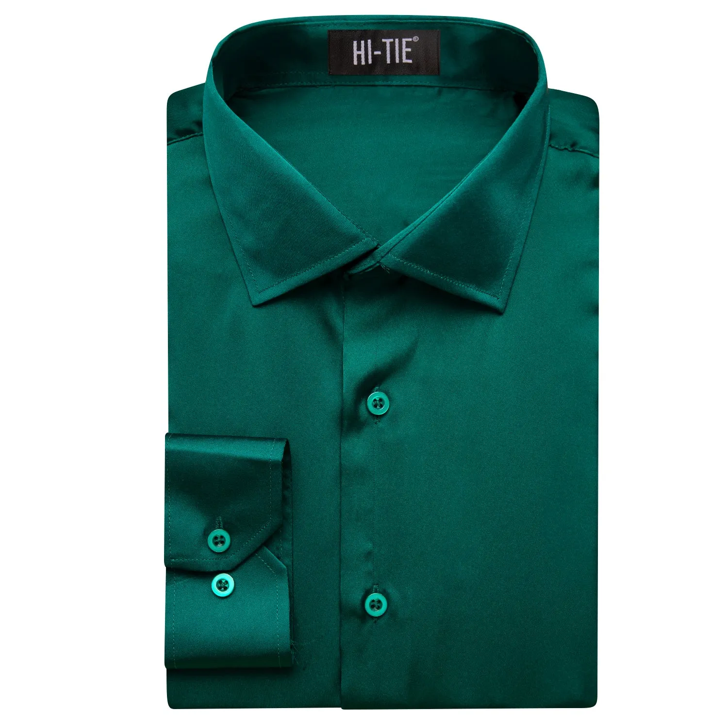 Dark Green Solid Satin Chiffon Non-stretch Men's Long Sleeve Shirt