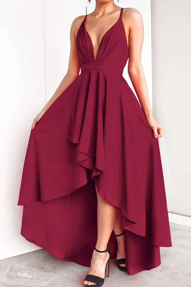 Deep Red Crisscross Back Slip Evening Dress