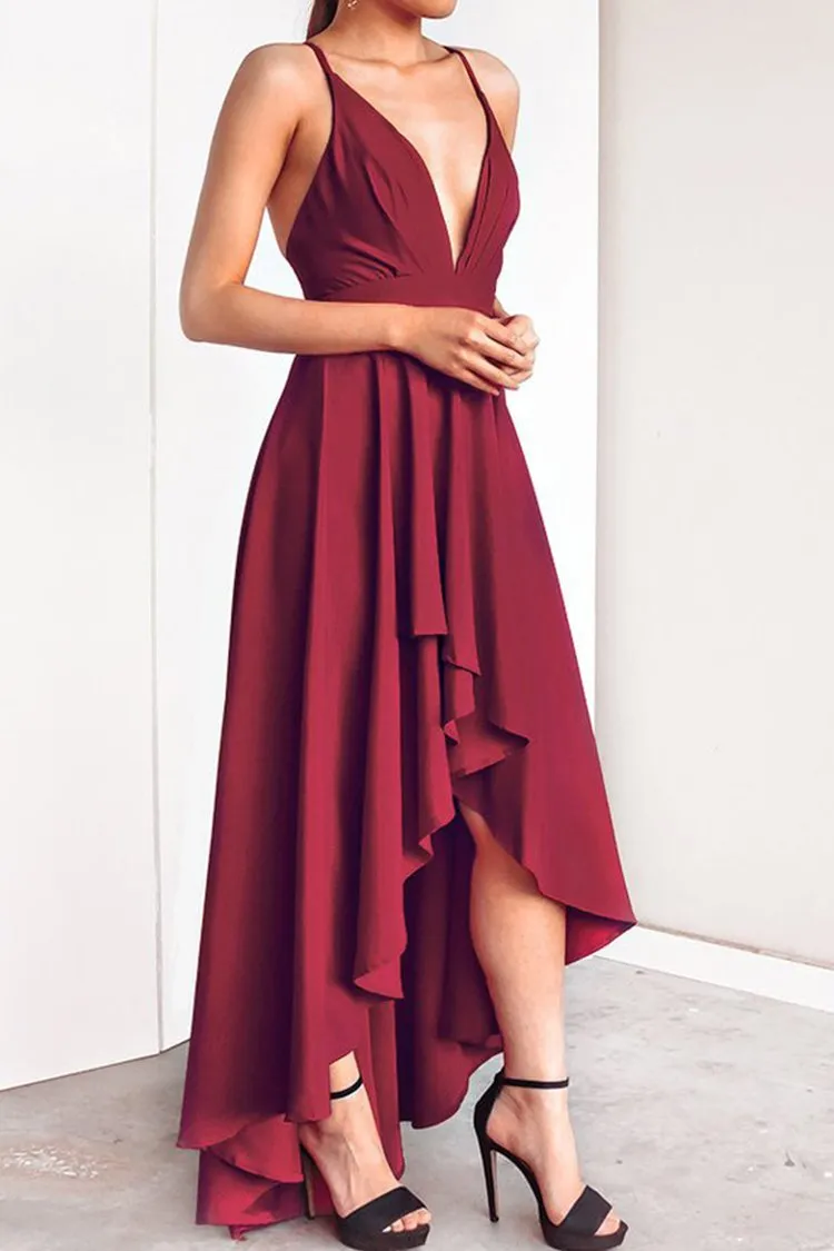 Deep Red Crisscross Back Slip Evening Dress