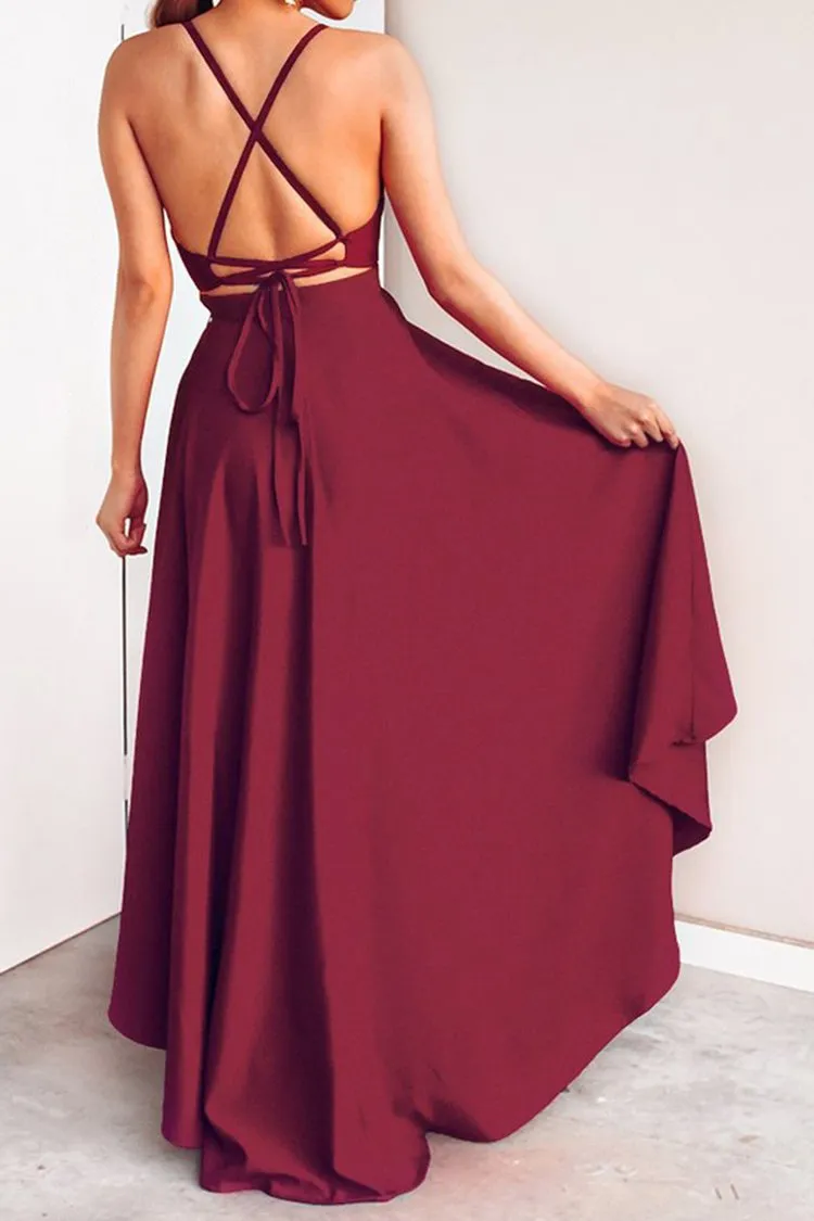 Deep Red Crisscross Back Slip Evening Dress