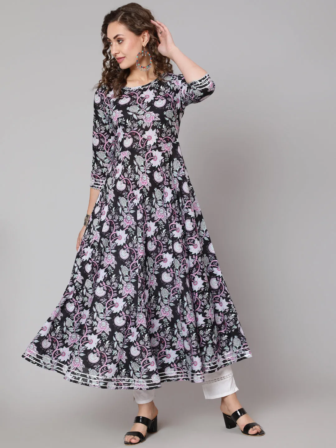 DRESS - BLACK, COTTON PRINTED ROUND NECK ANARKALI