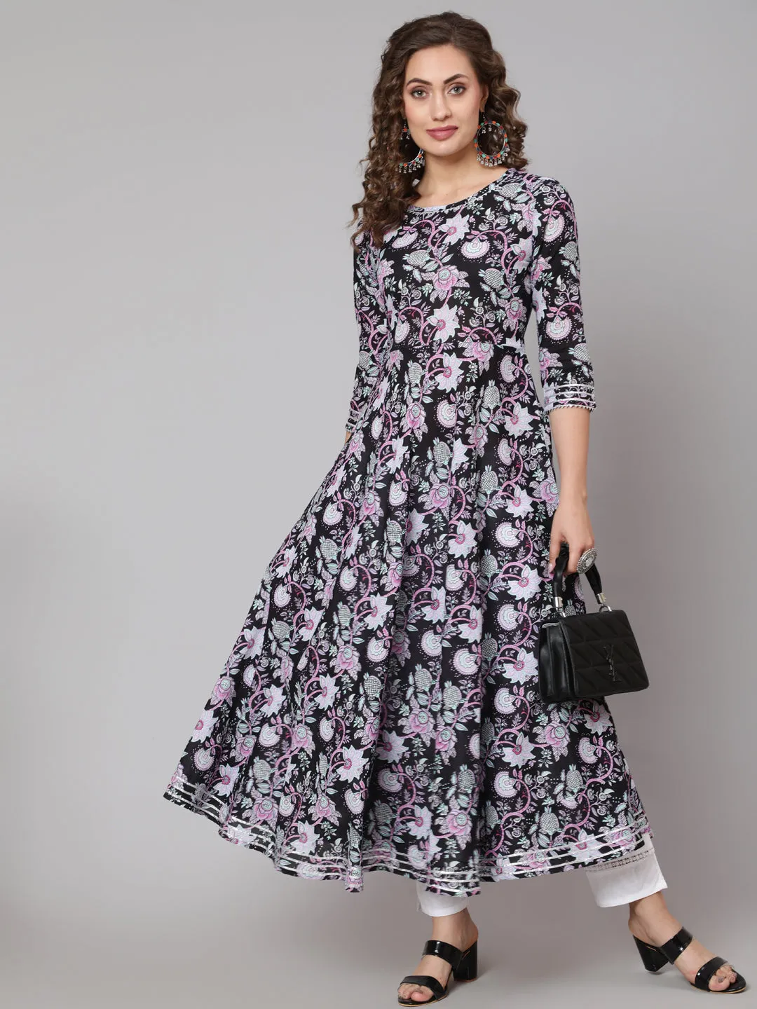 DRESS - BLACK, COTTON PRINTED ROUND NECK ANARKALI