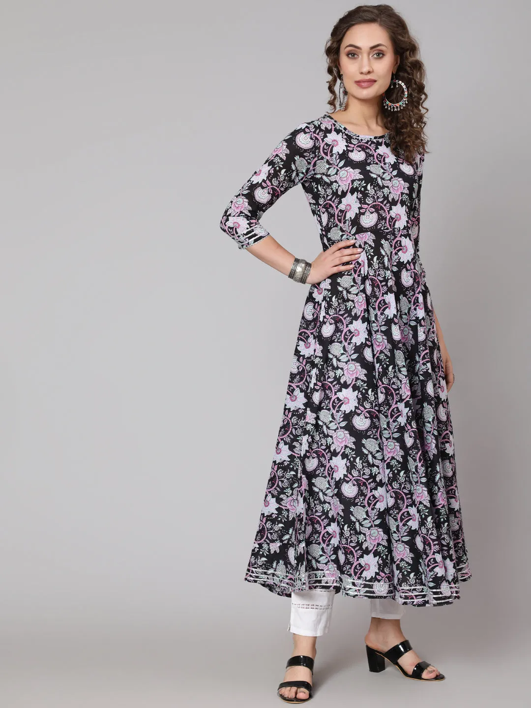 DRESS - BLACK, COTTON PRINTED ROUND NECK ANARKALI