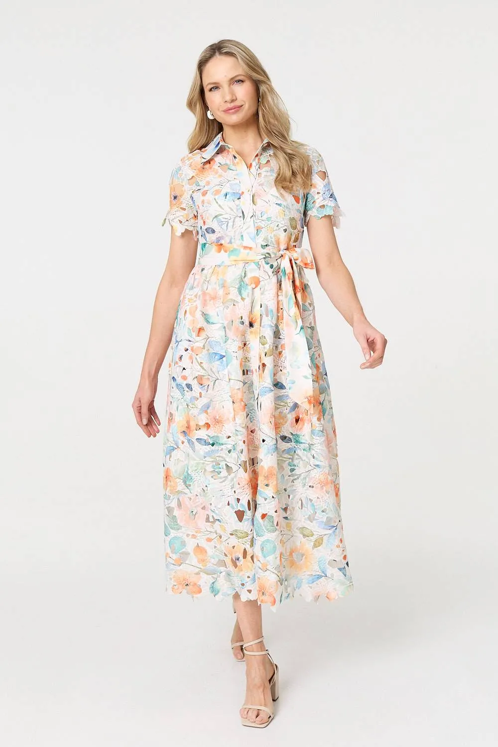 Floral Lace Tie Waist Midi Shirt Dress