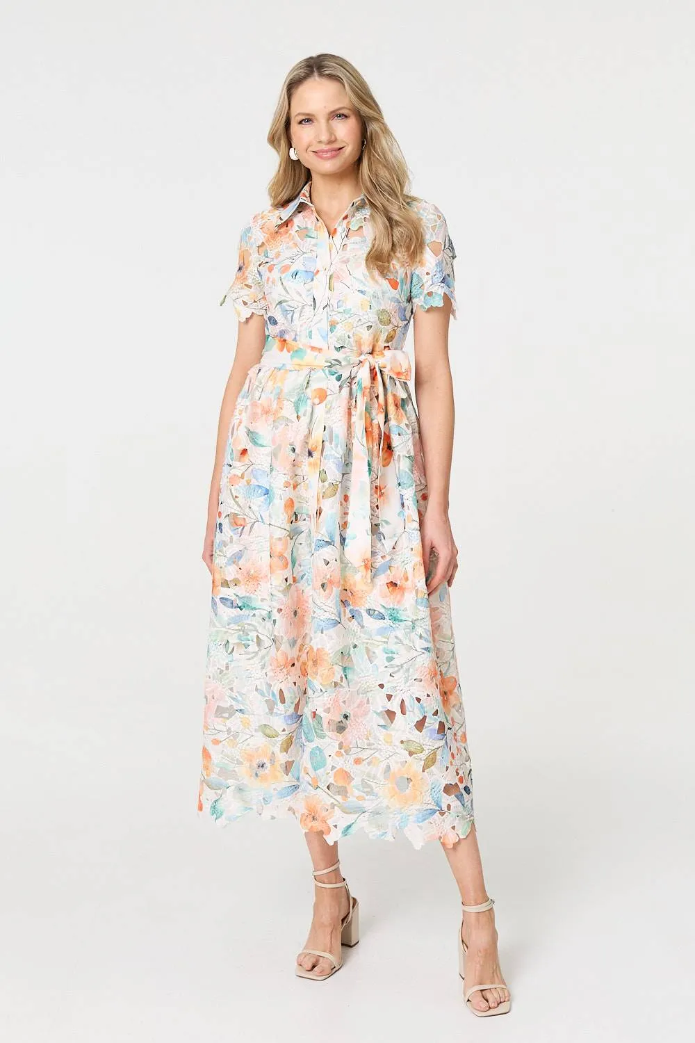 Floral Lace Tie Waist Midi Shirt Dress