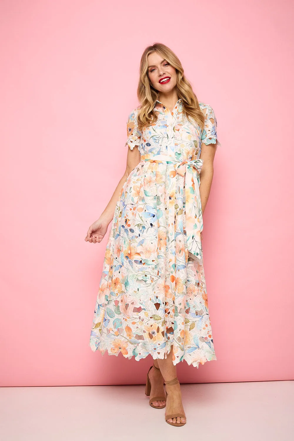 Floral Lace Tie Waist Midi Shirt Dress