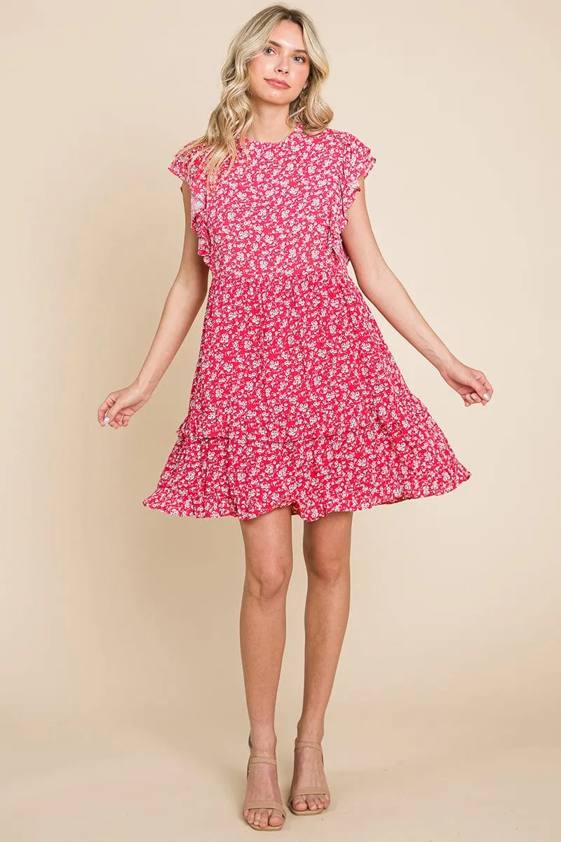 Floral Printed Ruffled Sleeve Pleated Dress