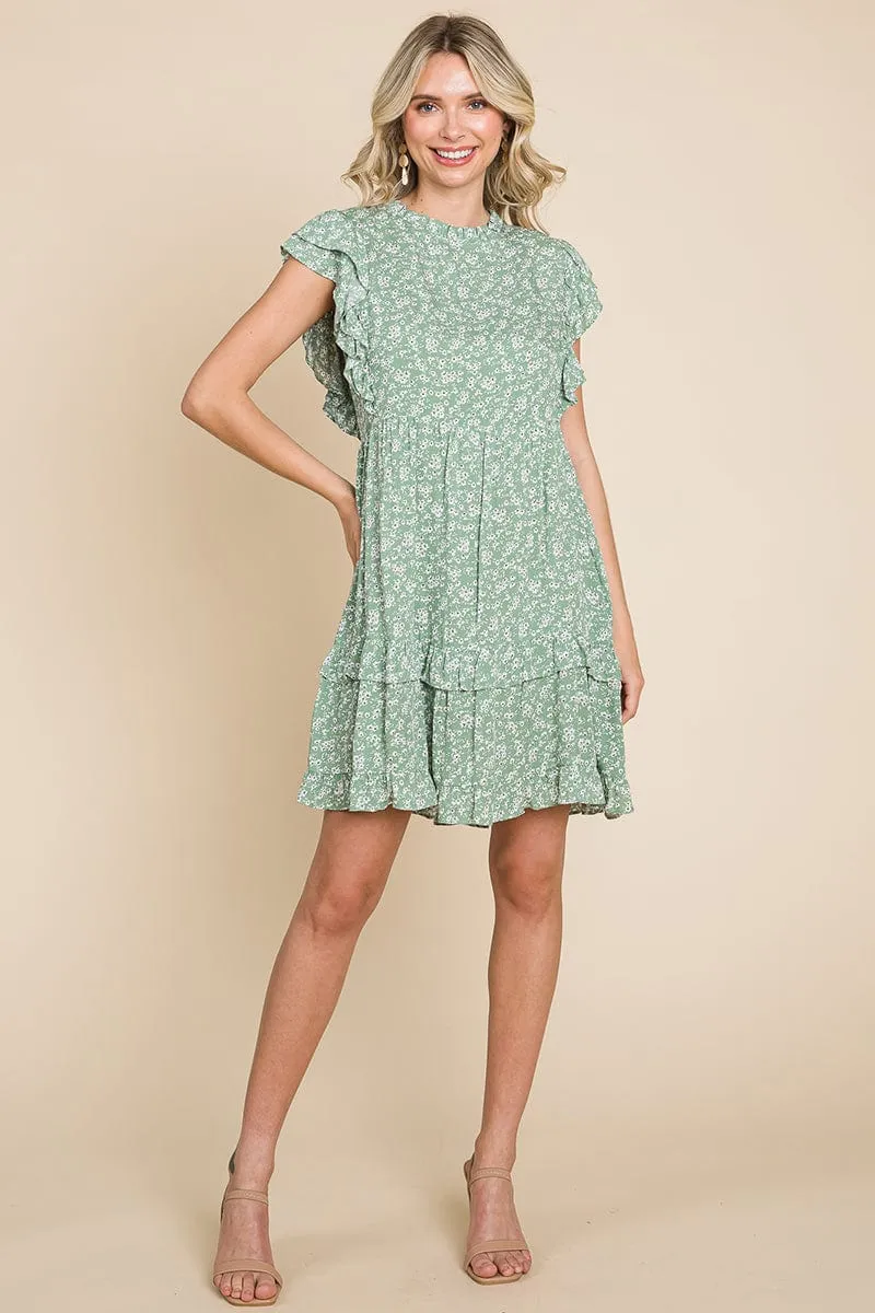 Floral Printed Ruffled Sleeve Pleated Dress