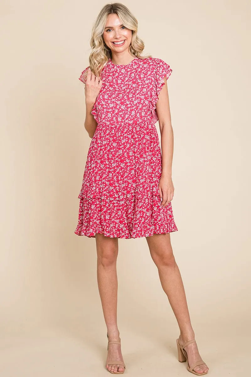 Floral Printed Ruffled Sleeve Pleated Dress