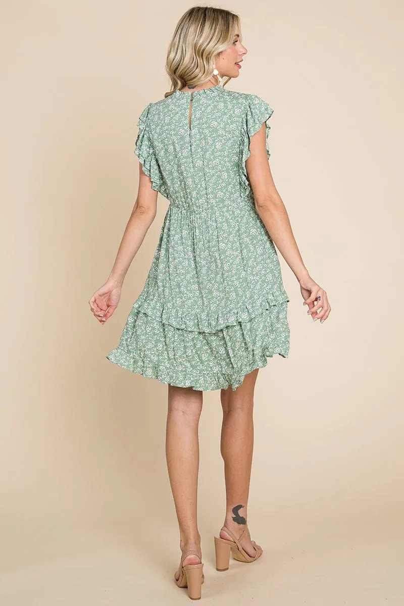 Floral Printed Ruffled Sleeve Pleated Dress