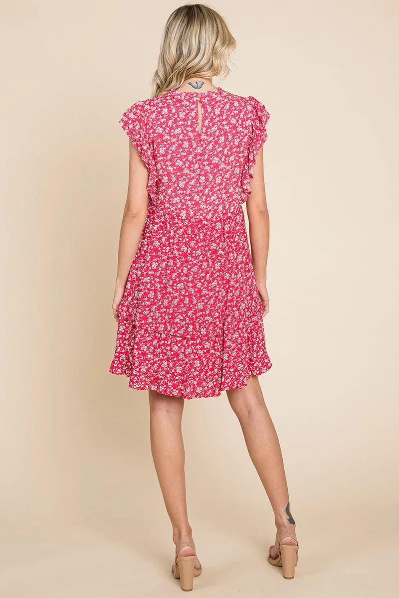 Floral Printed Ruffled Sleeve Pleated Dress