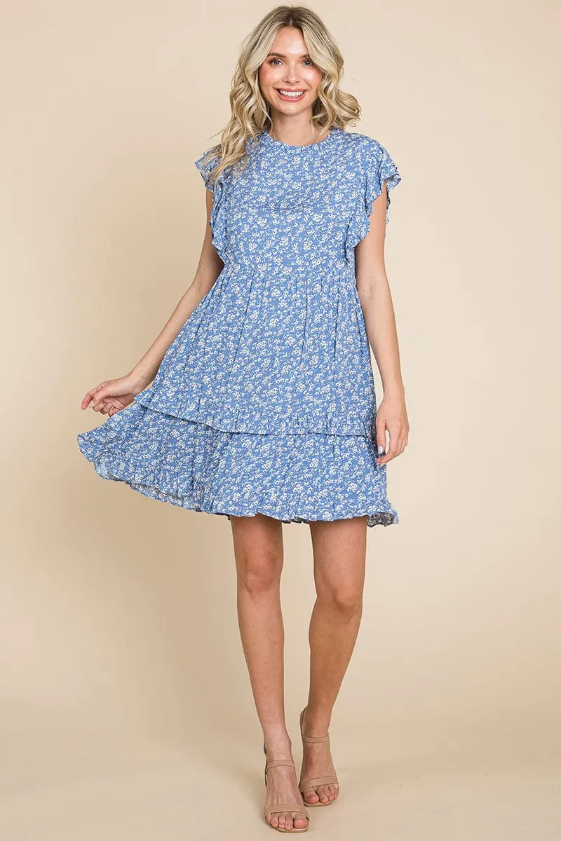 Floral Printed Ruffled Sleeve Pleated Dress