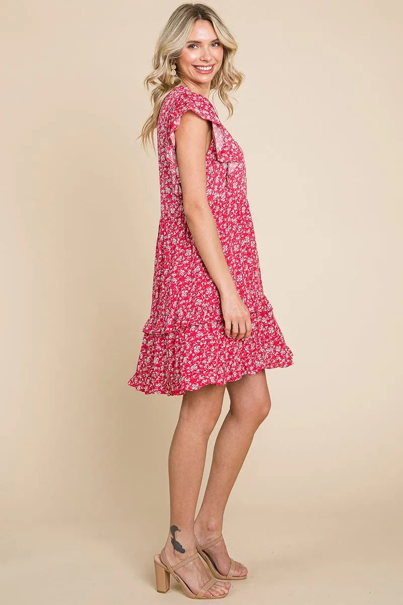 Floral Printed Ruffled Sleeve Pleated Dress