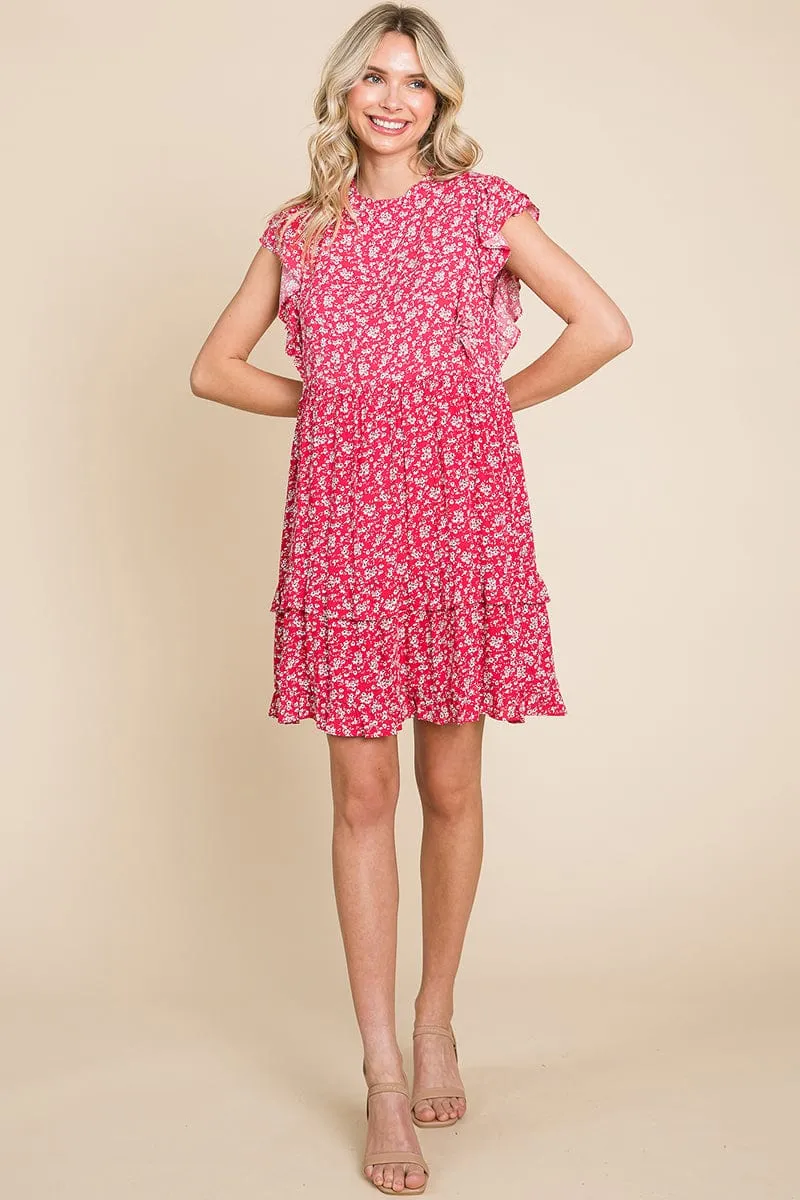 Floral Printed Ruffled Sleeve Pleated Dress