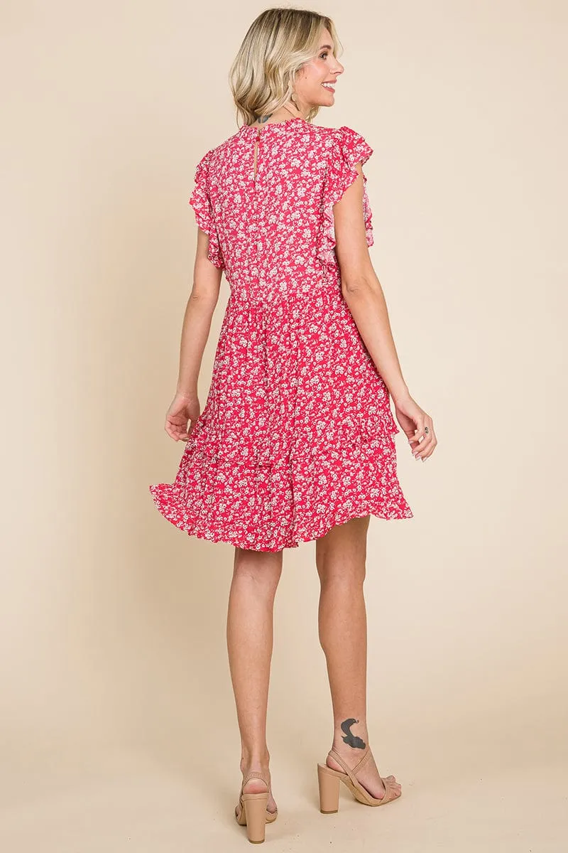 Floral Printed Ruffled Sleeve Pleated Dress