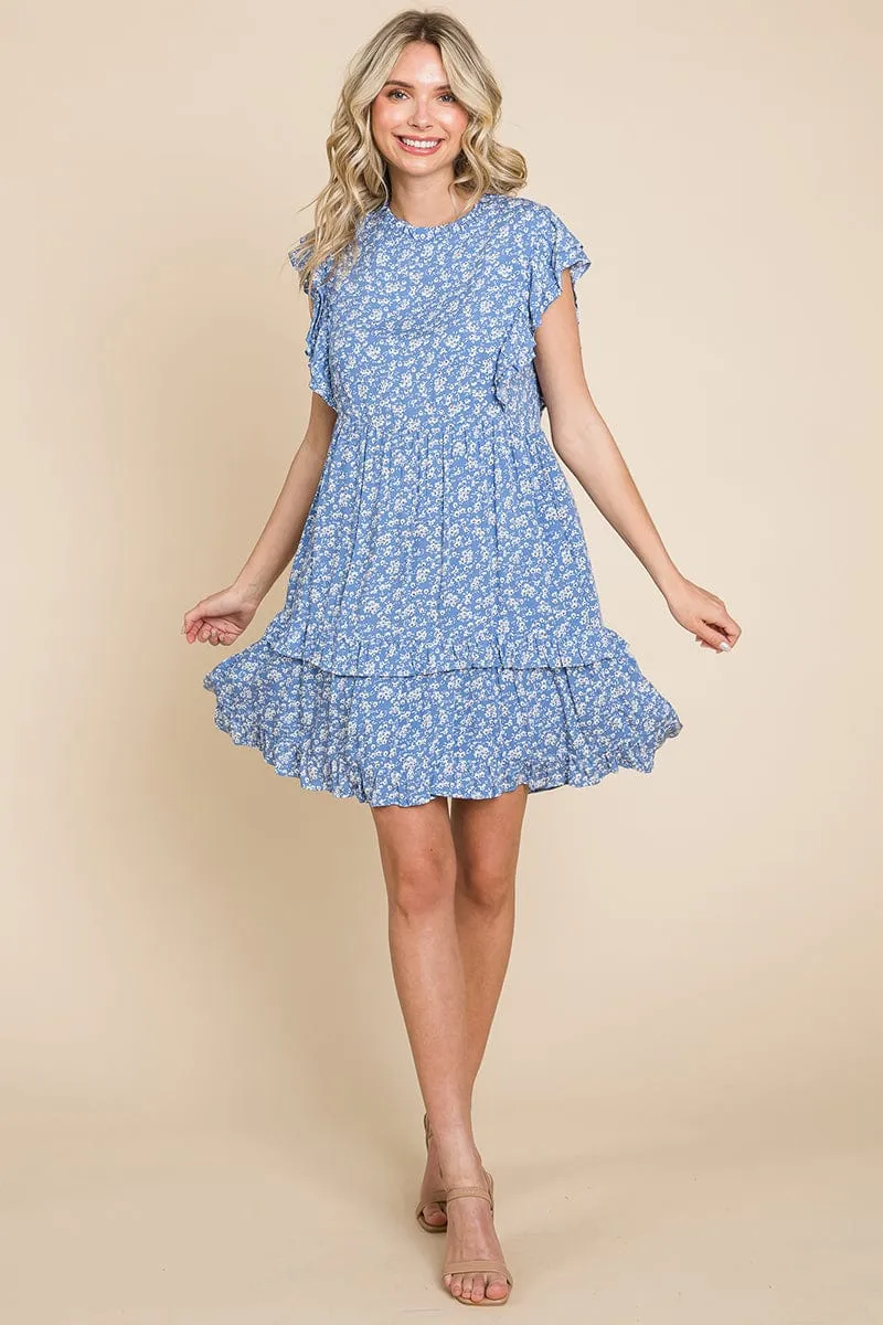 Floral Printed Ruffled Sleeve Pleated Dress