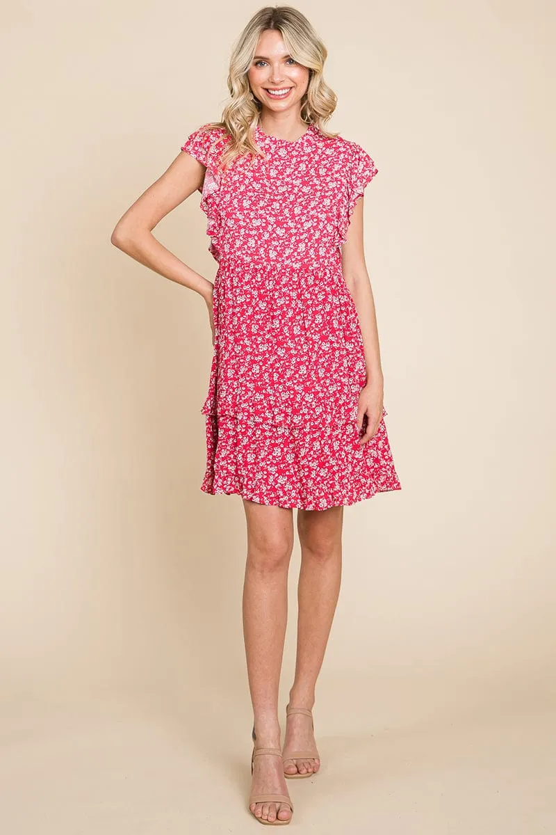 Floral Printed Ruffled Sleeve Pleated Dress