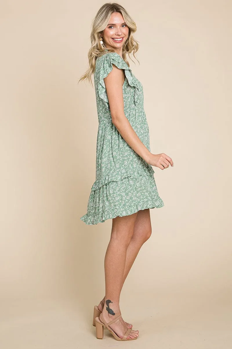 Floral Printed Ruffled Sleeve Pleated Dress